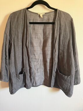 Eileen Fisher Linen Cardigan Gray Minimalist Open Front Pockets Size M